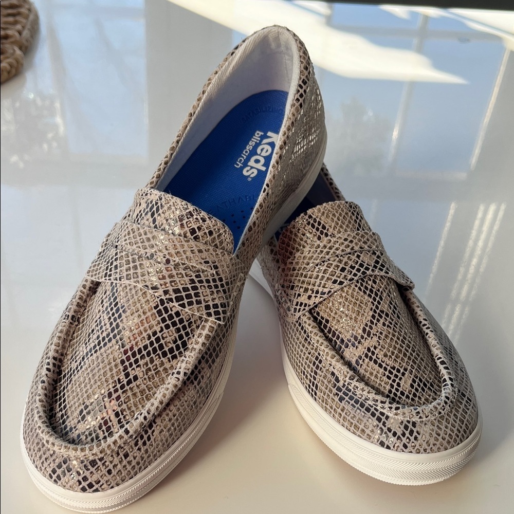Keds Women's Snake-Print Slip-On Loafers in Beige and Brown